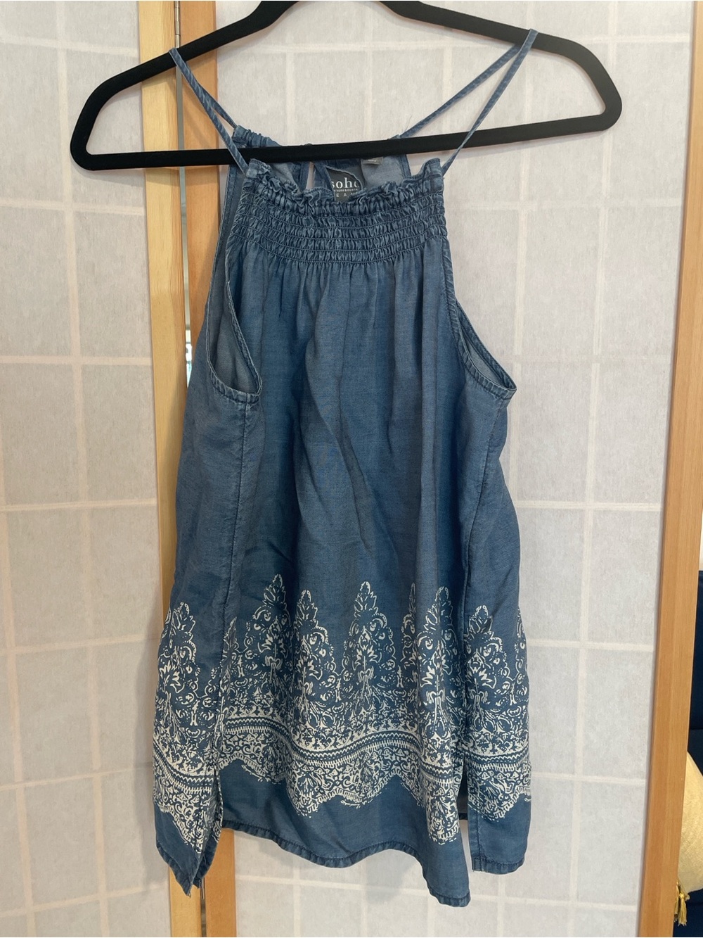 New York & Company Blue Chambray Embroidered Tank